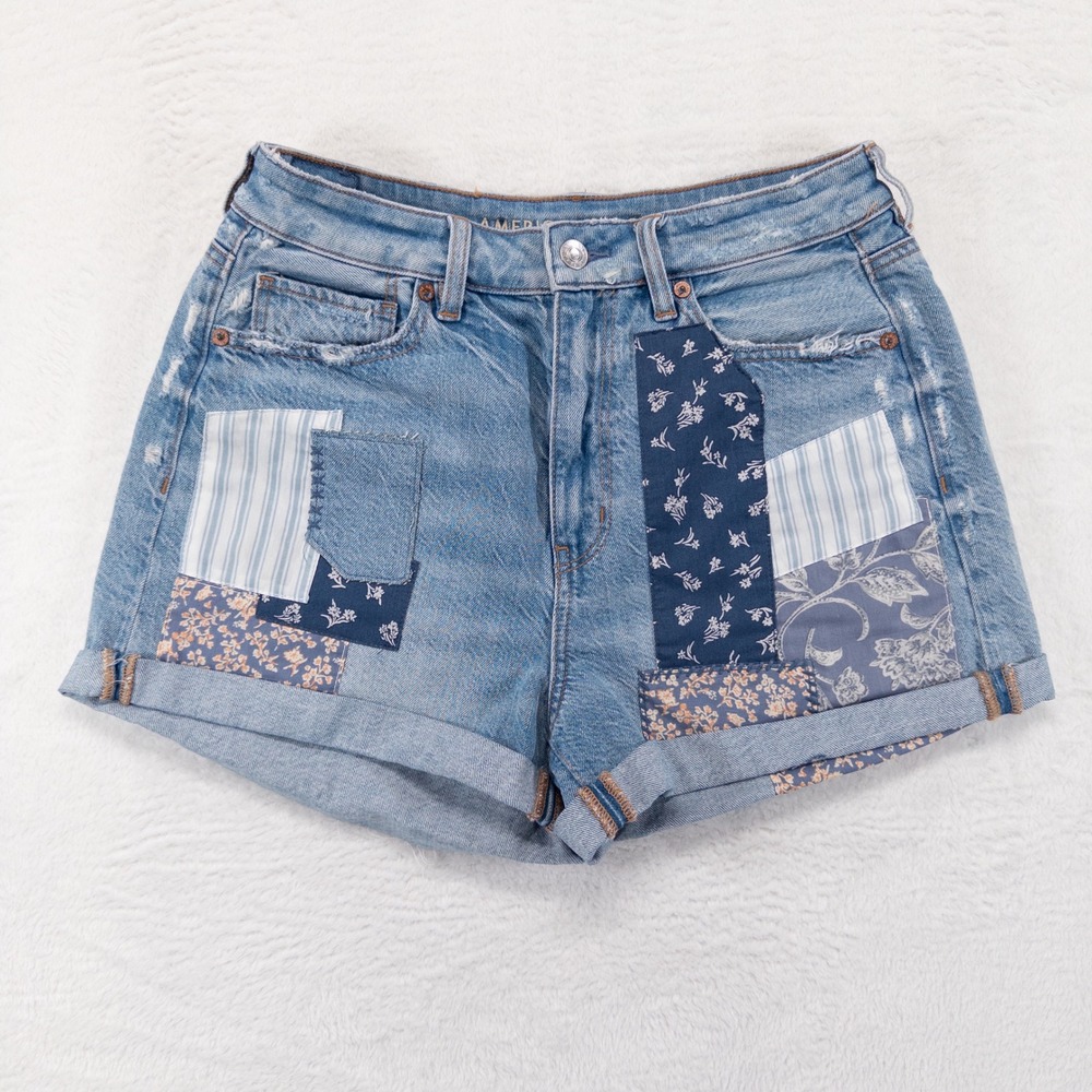 American Eagle Denim Mom Shorts 8 Blue Patchwork Floral Boho Distressed NEW